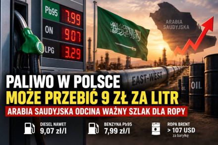 Paliwo w Polsce może przebić 9 zł za litr. Arabia Saudyjska odcina ważny szlak dla ropy.