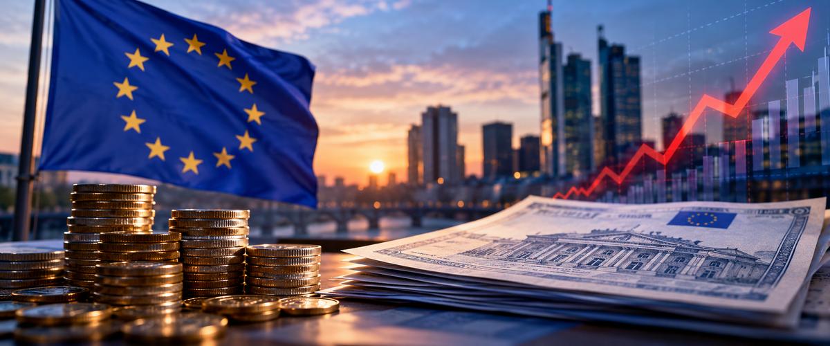Dług publiczny w Europie — flaga UE, stosy monet i wykres rosnących rentowności obligacji.