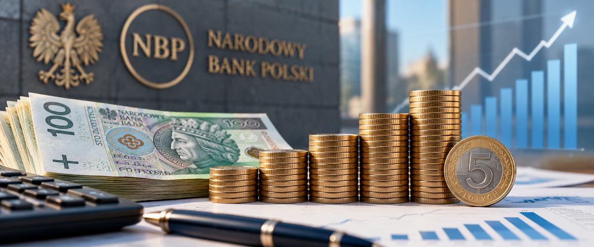 Podaż pieniądza w Polsce — banknoty i monety złotowe, rosnące stosy monet oraz wykres finansowy na tle Narodowego Banku Polskiego.
