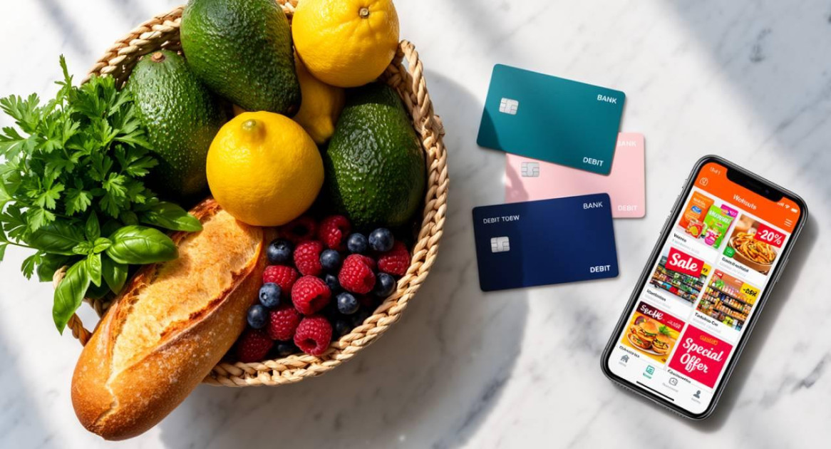 eKonto bankowe na smartfonie, karta płatnicza i bon zakupowy na tle koszyka z produktami spożywczymi