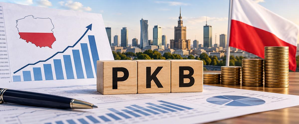 Aktualizacja danych o PKB Polski przez GUS — wykres wzrostu gospodarczego, polska flaga i panorama Warszawy